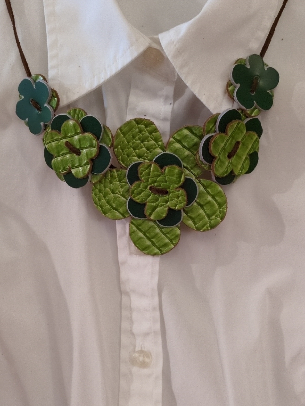 Handmade Genuine Leather Lime Sage Teal Olive Green Floral Statement Necklace 01